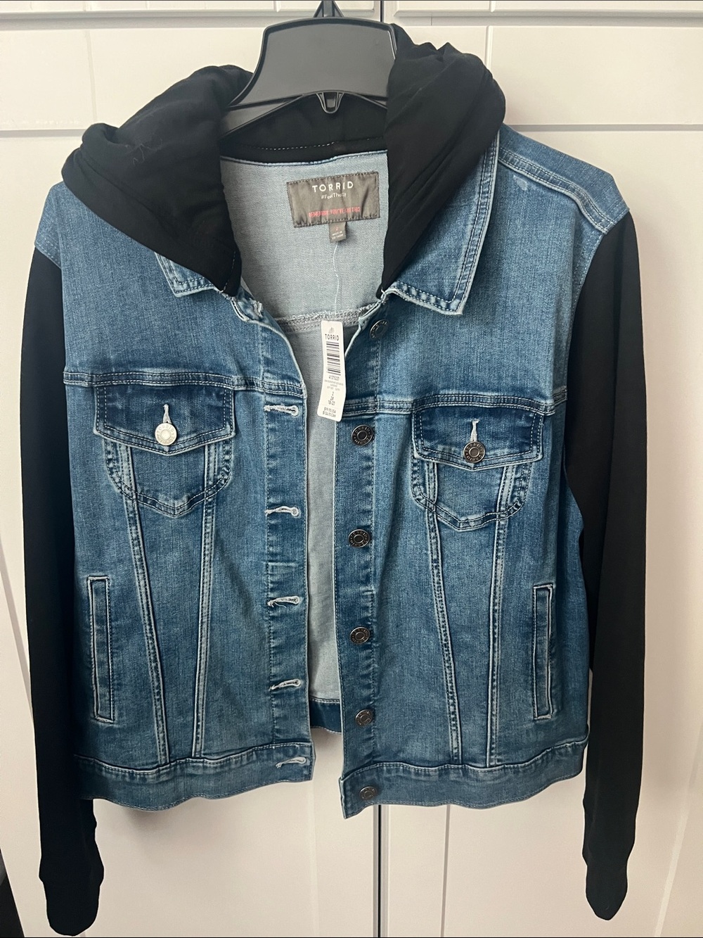 torrid Two-Tone Denim Jacket with Black Hoodie Sleeves